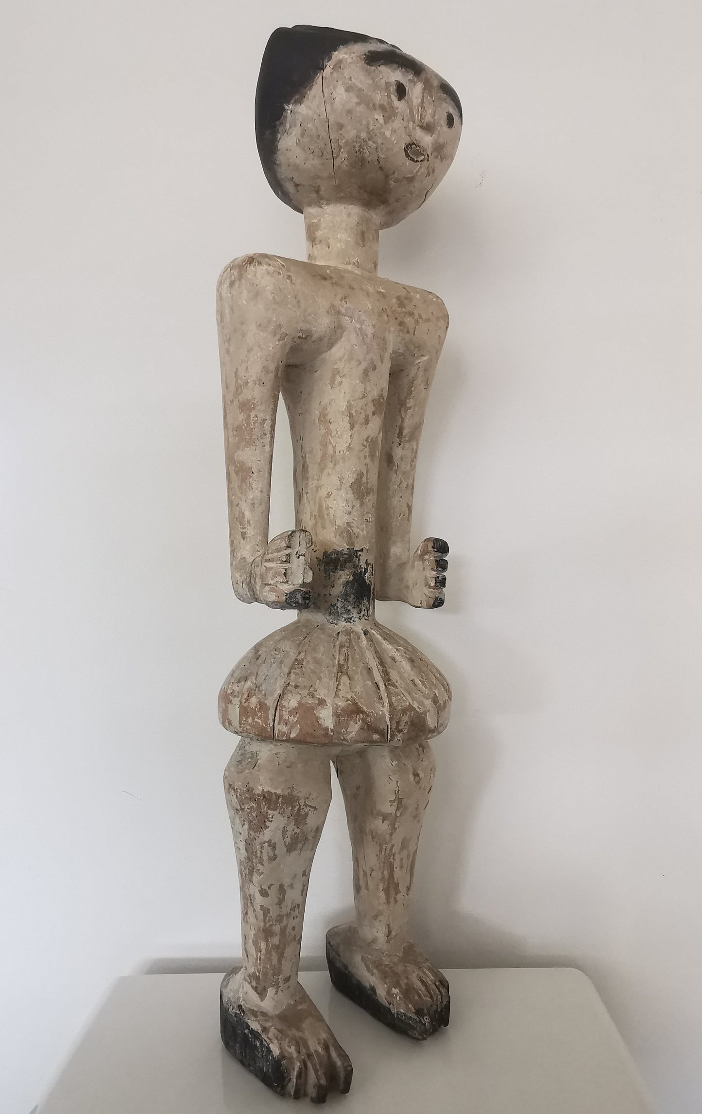 African Ewe Standing Male Ancestral Statue (carved wood and white kaolin)