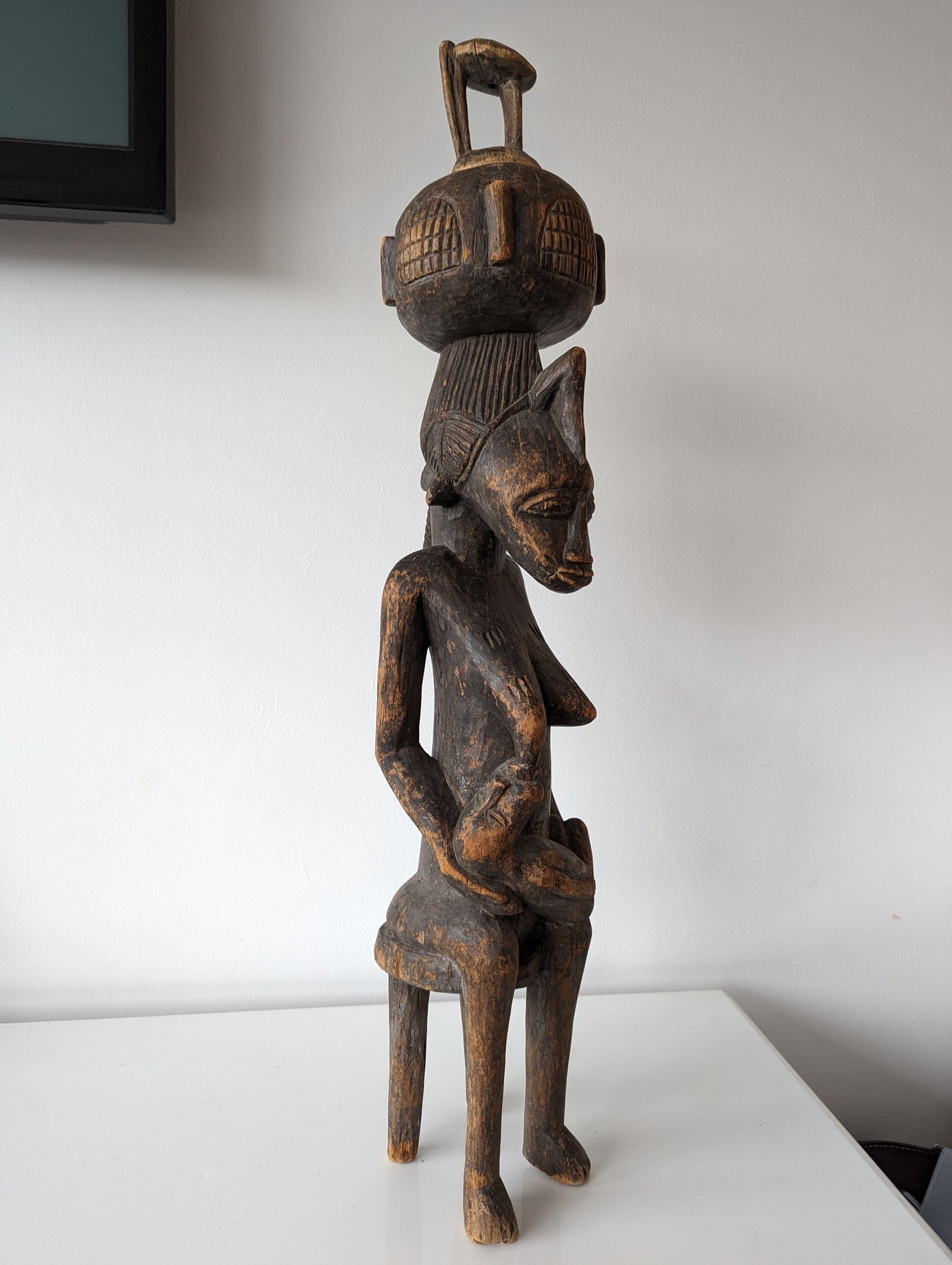 Nigeria Fulani Maternity Statue Seated Female Breastfeeding Child with Calabash Gourd