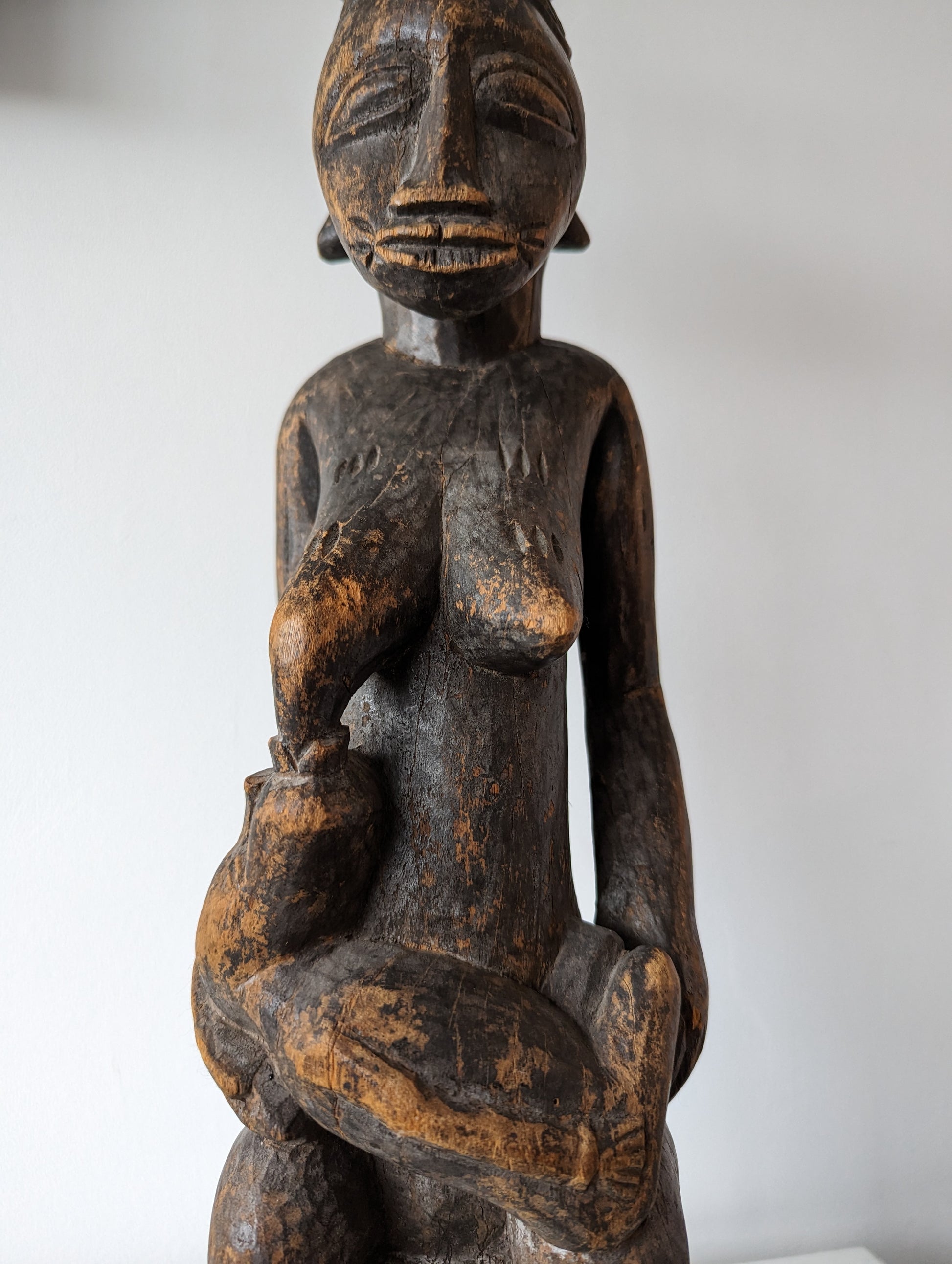 Nigeria Fulani Maternity Statue Seated Female Breastfeeding Child with Calabash Gourd