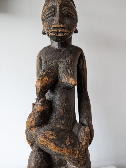 Nigeria Fulani Maternity Statue Seated Female Breastfeeding Child with Calabash Gourd