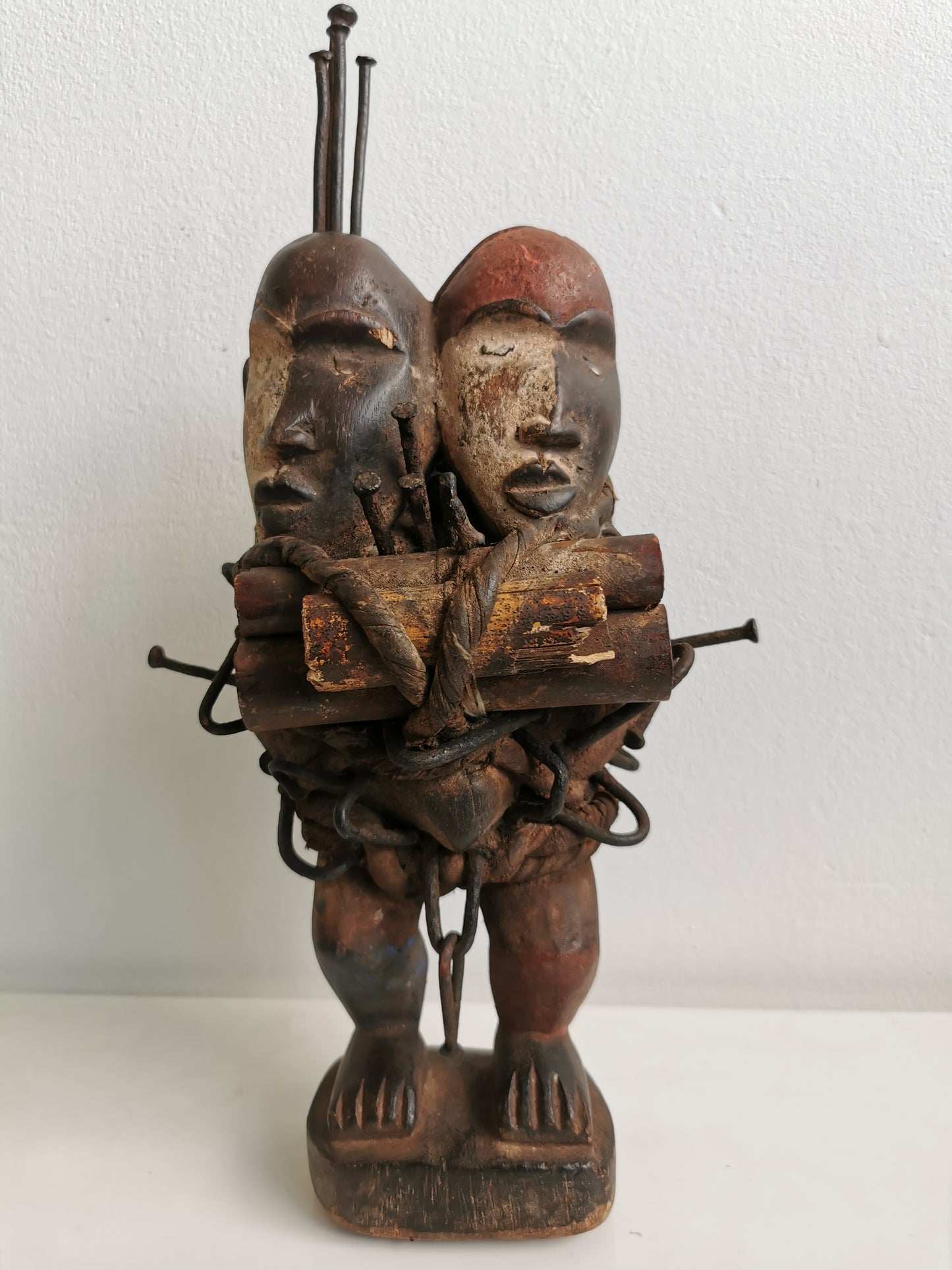 African Double Headed Nkondi Statue with Nails